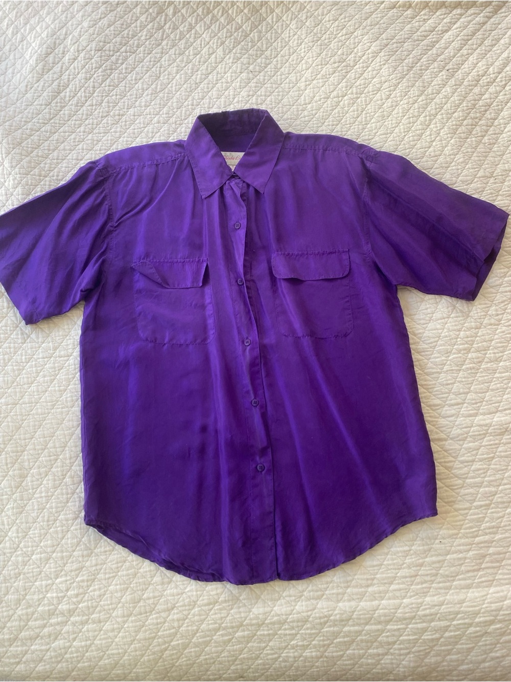 100% Silk Vintage Royal Purple Short Sleeve Blouse Collared Camp Shirt Pockets M